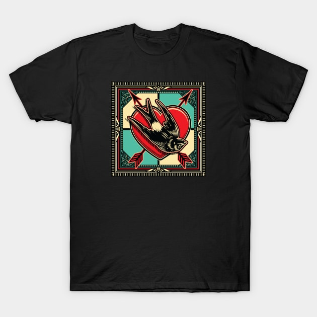 Pierced Heart & Swallow Tattoo Style Graphic T-Shirt by wickedpretty